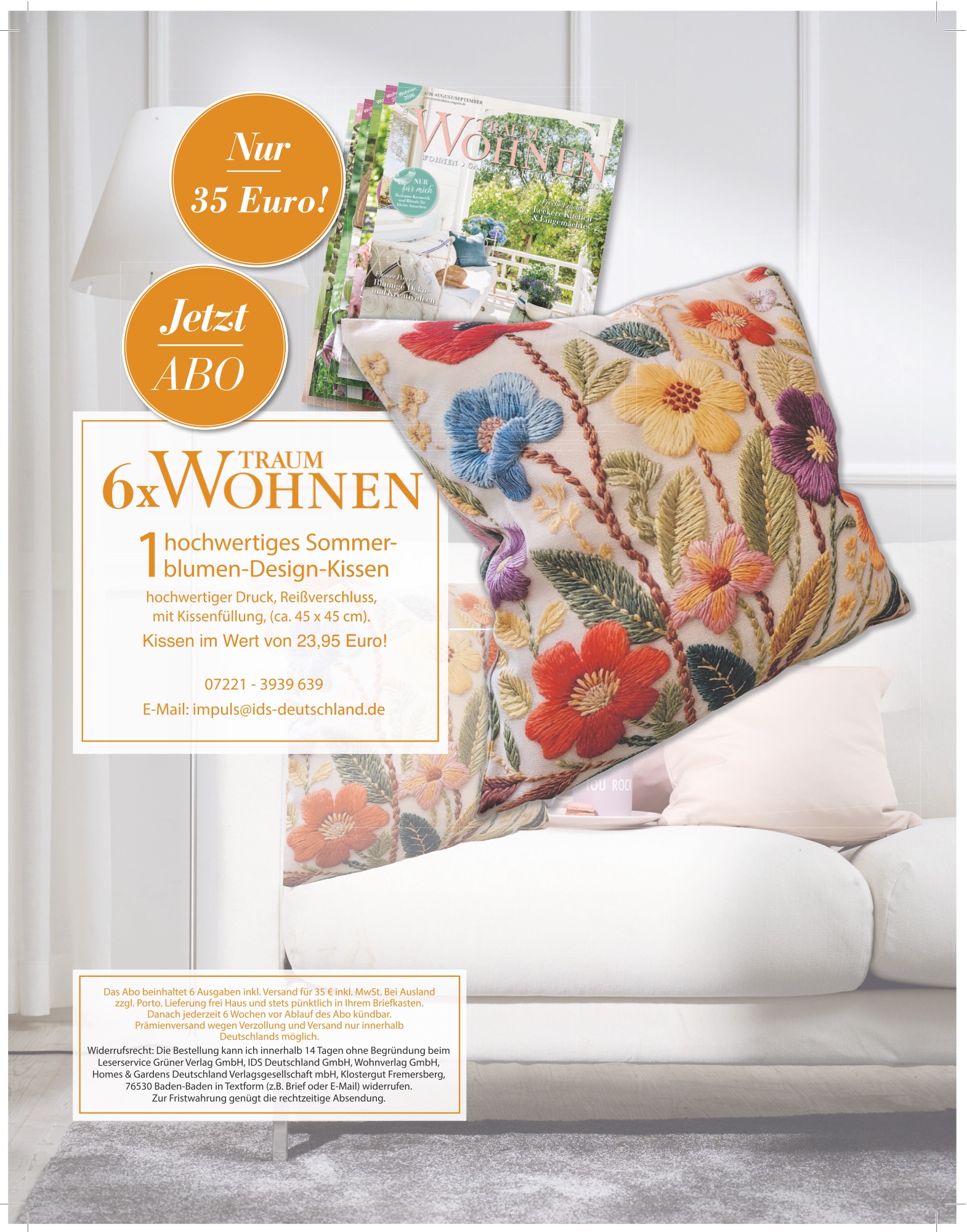 Abo-Anzeige: 6 Ausgaben Traumwohnen für 35 Euro mit hochwertigem Sommerblumen-Design-Kissen als Prämie