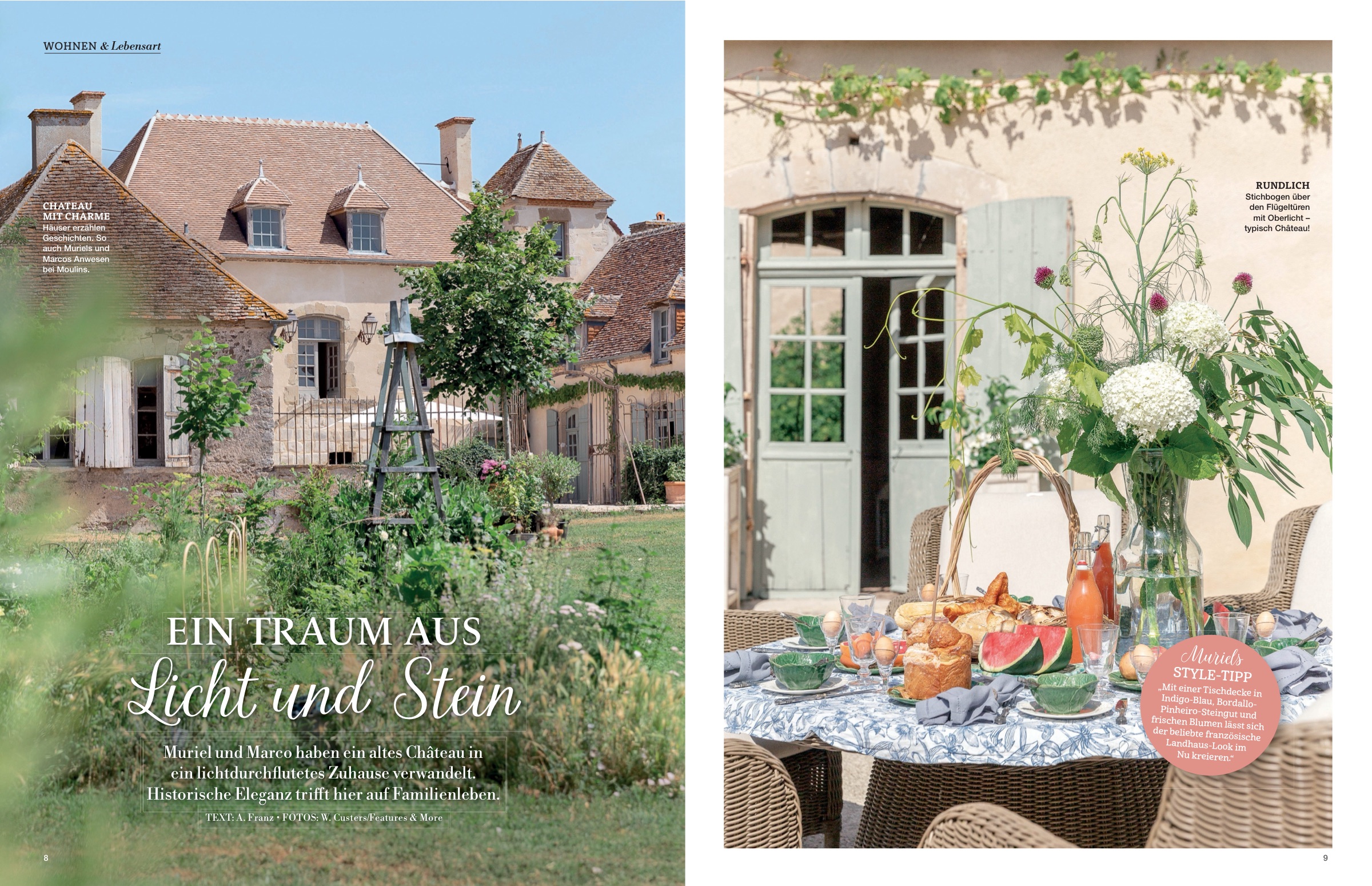 Heft-Doppelseite: „Ein Traum aus Licht und Stein“ — restauriertes Château in Burgund