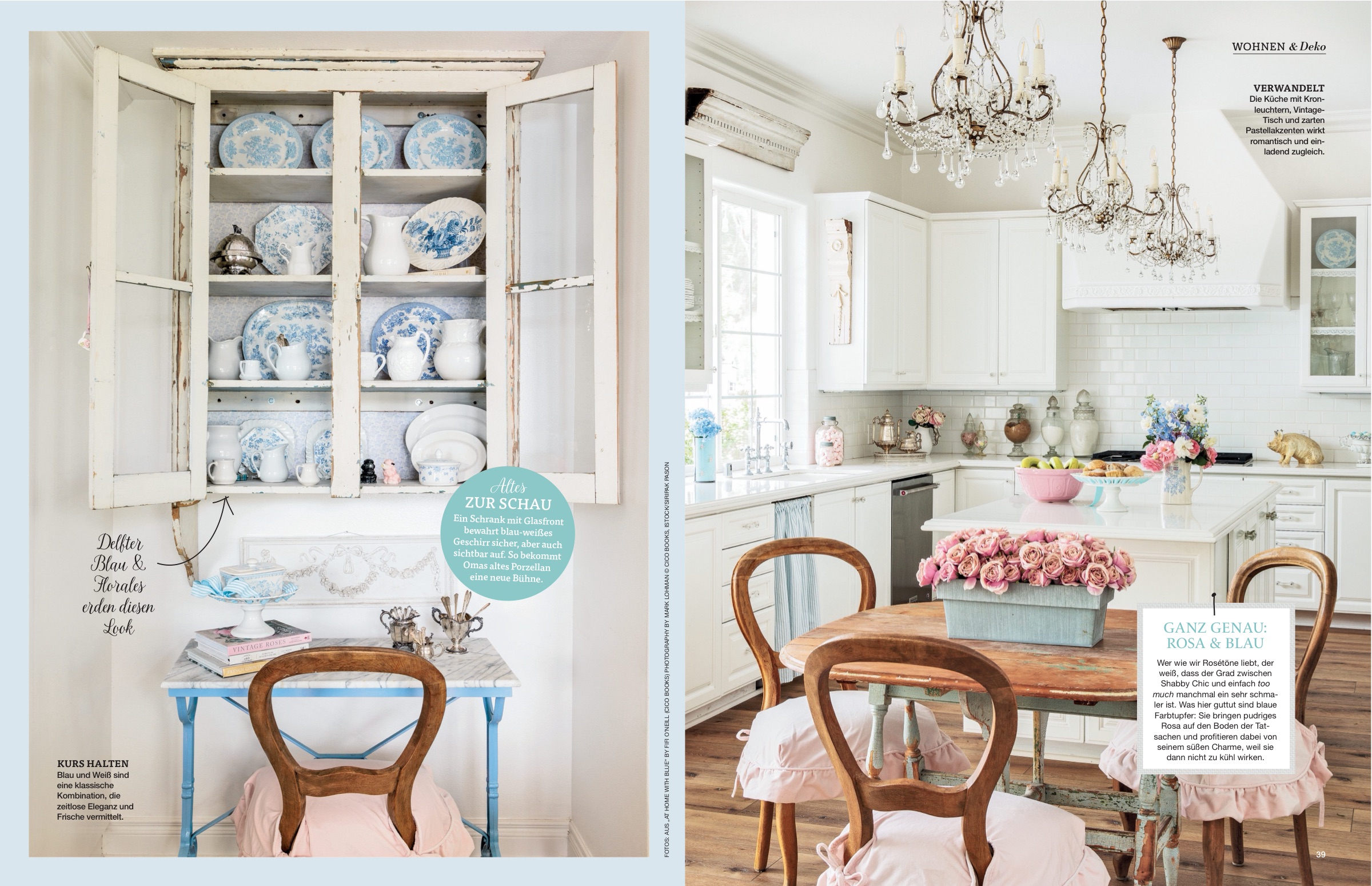 Heft-Doppelseite: „Rosa & Blau“ — weiße Landhausküche im Shabby-Chic-Stil
