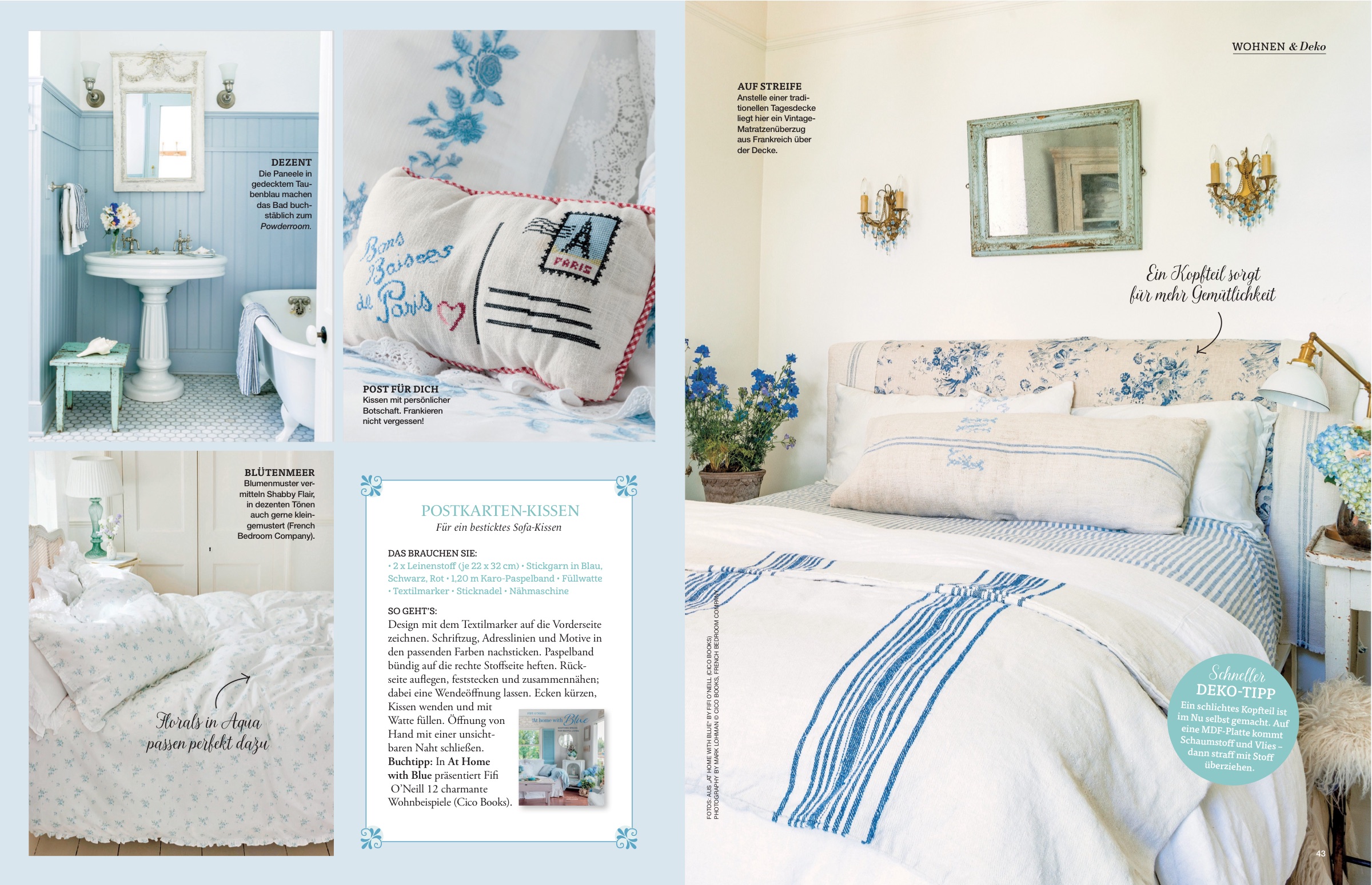 Heft-Doppelseite: „Postkarten-Kissen“ — blau-weißes Schlafzimmer und DIY-Idee
