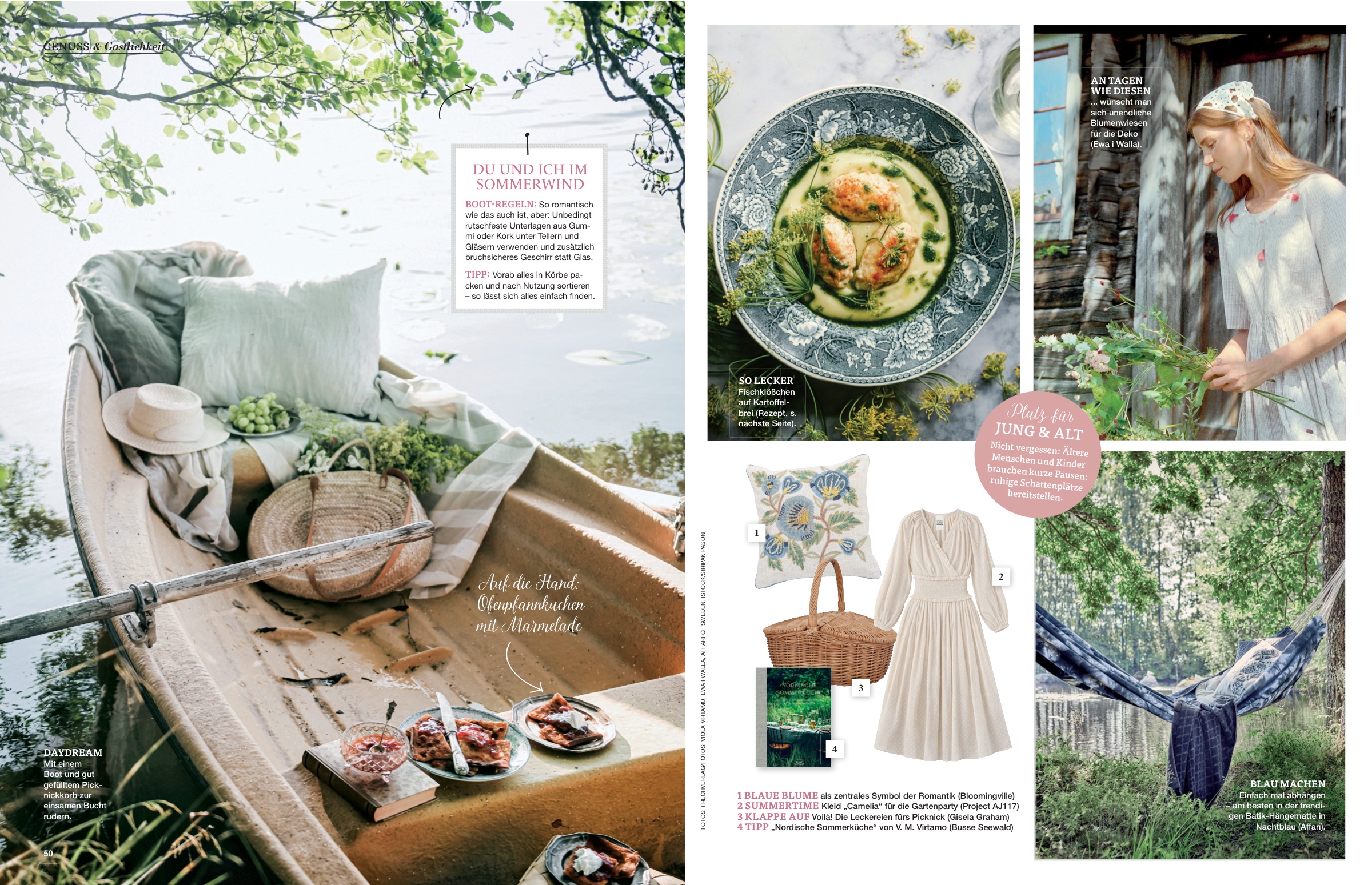 Heft-Doppelseite: „Du und ich im Sommerwind“ — Picknick im Ruderboot am See