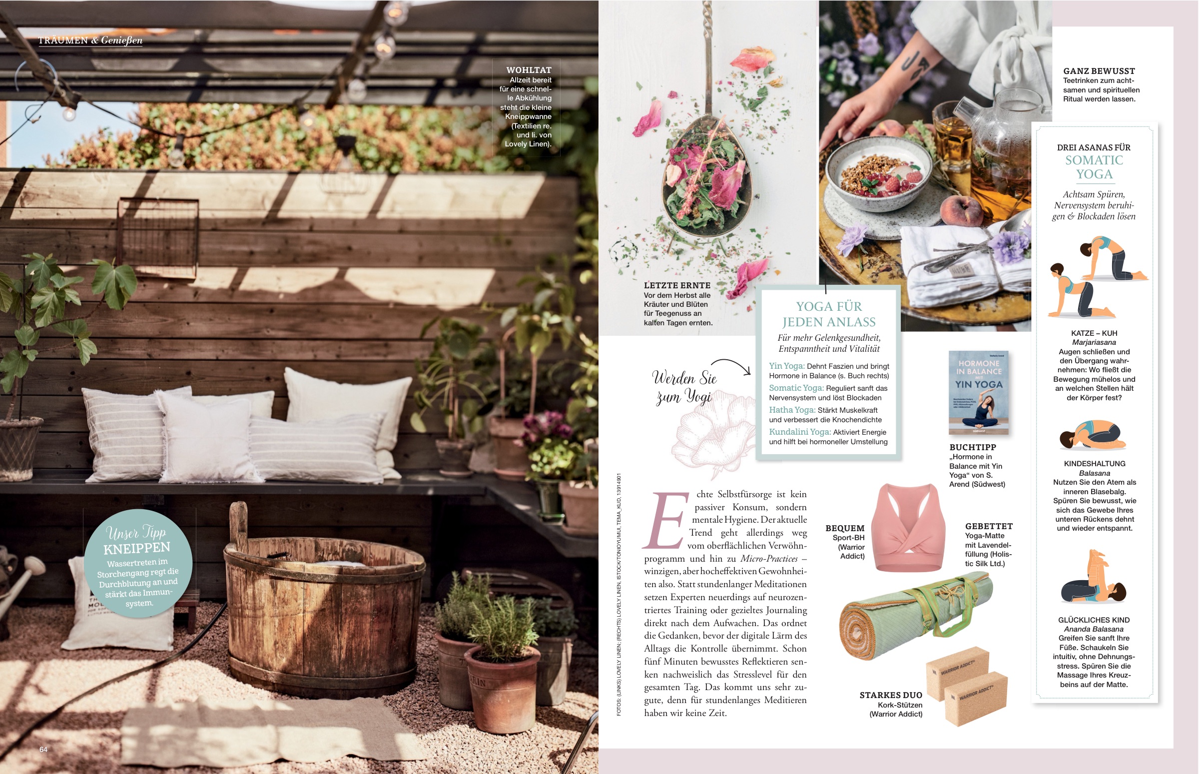 Heft-Doppelseite: „Yoga für jeden Anlass“ — Sommerwellness auf der Terrasse